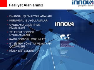 Faaliyet Alanlarımız FiNANSAL İŞLEM UYGULAMALARI KURUMSAL İŞ UYGULAMALARI UYGULAMA GELİŞTİRME HİZMETLERİ TELEKOM OSS/BSS UYGULAMALARI KAMU SEKTÖRÜ ÇÖZÜMLERİ BT SİSTEM YÖNETİMİ VE ALTYAPI ÇÖZÜMLERİ KİOSK SİSTEMLERİ 