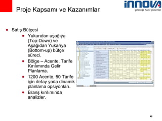Satış Bütçesi Yukarıdan aşağıya (Top-Down) ve Aşağıdan Yukarıya (Bottom-up) bütçe süreci. Bölge – Acente, Tarife Kırılımında Gelir Planlama. 1200 Acente, 50 Tarife için detay yada dinamik planlama opsiyonları. Branş kırılımında analizler. Proje Kapsamı ve Kazanımlar 