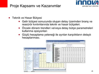Teknik ve Hasar Bütçesi Gelir bütçesi sonucunda oluşan detay üzerinden branş ve reasürör kırılımlarında teknik ve hasar bütçeleri. Önceki dönem trendleri ve/veya detay bütçe parametreleri kullanma opsiyonları Güçlü hesaplama yeteneği ile ayrılan karşılıkların detaylı hesaplanması. Proje Kapsamı ve Kazanımlar 