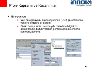 Entegrasyon Veri entegrasyonu aracı sayesinde (ODI) gerçekleşmiş verilerle entegre bir sistem. Bütün hesap, ürün, acente gibi metadata bilgisi ve gerçekleşmiş bütün verilerin gerçekleşen sistemlerle senkronizasyonu. Proje Kapsamı ve Kazanımlar 