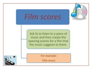 Film scores
  Ask Ss to listen to a piece of
   music and then create the
 opening scenes for a film that
  the music suggests to them.


          For example:
           Film music
 