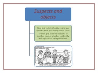 Suspects and
   objects
  Give Ss a variety of pictures and ask
them to write about only one of them.
  Then Ss give their descriptions to
 another student who has to identify
  which picture is being described.
 