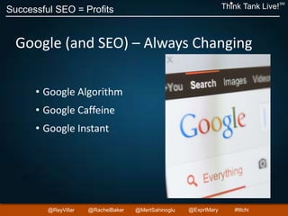 Successful SEO = Profits Think Tank Live!
SM
@ReyVillar @RachelBaker @ExprtMary@MertSahinoglu #ttlchi
Google (and SEO) – Always Changing
• Google Algorithm
• Google Caffeine
• Google Instant
 