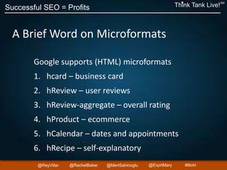 Successful SEO = Profits Think Tank Live!
SM
@ReyVillar @RachelBaker @ExprtMary@MertSahinoglu #ttlchi
A Brief Word on Microformats
Google supports (HTML) microformats
1. hcard – business card
2. hReview – user reviews
3. hReview-aggregate – overall rating
4. hProduct – ecommerce
5. hCalendar – dates and appointments
6. hRecipe – self-explanatory
 