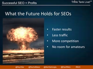 Successful SEO = Profits Think Tank Live!
SM
@ReyVillar @RachelBaker @ExprtMary@MertSahinoglu #ttlchi
What the Future Holds for SEOs
• Faster results
• Less traffic
• More competition
• No room for amateurs
 