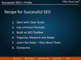 Successful SEO = Profits Think Tank Live!
SM
@ReyVillar @RachelBaker @ExprtMary@MertSahinoglu #ttlchi
Recipe for Successful SEO
1. Start with Clear Goals
2. Use a Proven Formula
3. Build an SEO Toolbox
4. Organize, Measure and Adapt
5. Learn the Rules – then Bend Them
6. Outsource
 