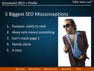 Successful SEO = Profits Think Tank Live!
SM
@ReyVillar @RachelBaker @ExprtMary@MertSahinoglu #ttlchi
5 Biggest SEO Misconceptions
1. Purpose: solely to rank
2. Alexa rank means something
3. Can’t reach page 1
4. Stands alone
5. Is easy
 