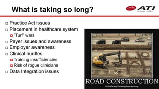 What is taking so long?
 Practice Act issues
 Placement in healthcare system
 ”Turf” wars
 Payer issues and awareness
 Employer awareness
 Clinical hurdles
 Training insufficiencies
 Risk of rogue clinicians
 Data Integration issues
 