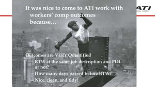 It was nice to come to ATI work with
workers’ comp outcomes
because…
Outcomes are VERY Quantified
– RTW at the same job description and PDL
or not?
– How many days passed before RTW?
– Nice, clean, and tidy!
 