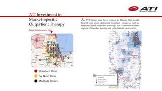 74
As XYZ-Comp may have regions in Illinois that would
benefit from more outpatient treatment venues as well as
improved rural outpatient coverage, this examination notes
regions of Member density and potentials of partnership.
Patient Distribution by Clinic
ATI Investment in
Market-Specific
Outpatient Therapy
 