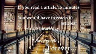 If you read 1 article/15 minutes
You would have to read >10
articles
For 2.5 hours/day
7 days/week
Forever…
 