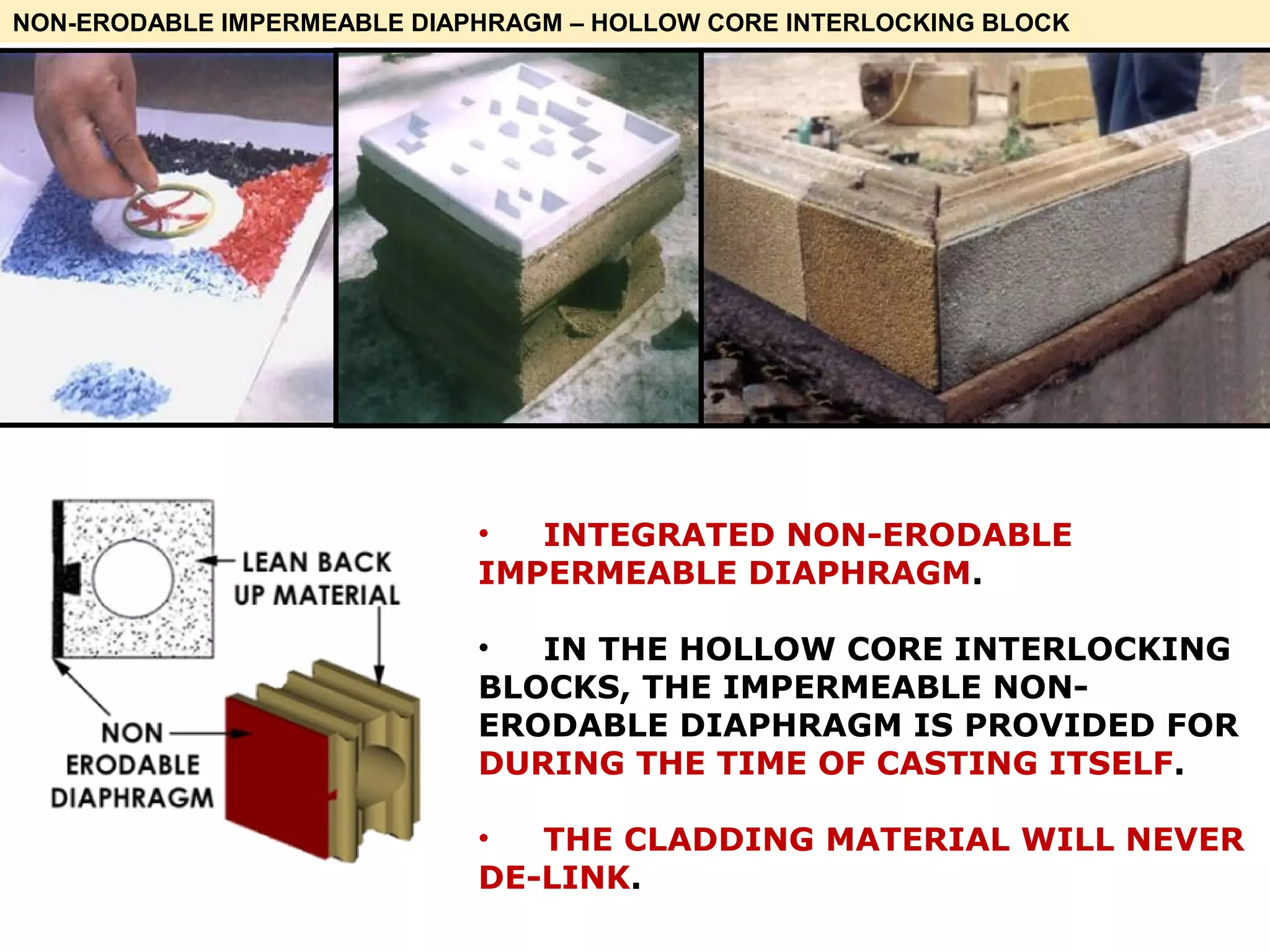 NON-ERODABLE IMPERMEABLE DIAPHRAGM – HOLLOW CORE INTERLOCKING BLOCK
• INTEGRATED NON-ERODABLE
IMPERMEABLE DIAPHRAGM.
• IN THE HOLLOW CORE INTERLOCKING
BLOCKS, THE IMPERMEABLE NON-
ERODABLE DIAPHRAGM IS PROVIDED FOR
DURING THE TIME OF CASTING ITSELF.
• THE CLADDING MATERIAL WILL NEVER
DE-LINK.
 