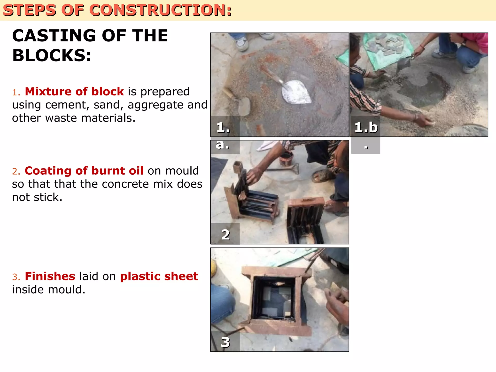 STEPS OF CONSTRUCTION:STEPS OF CONSTRUCTION:
CASTING OF THE
BLOCKS:
1. Mixture of block is prepared
using cement, sand, aggregate and
other waste materials.
2. Coating of burnt oil on mould
so that that the concrete mix does
not stick.
3. Finishes laid on plastic sheet
inside mould.
1.1.
a.a.
1.b1.b
..
22
33
 