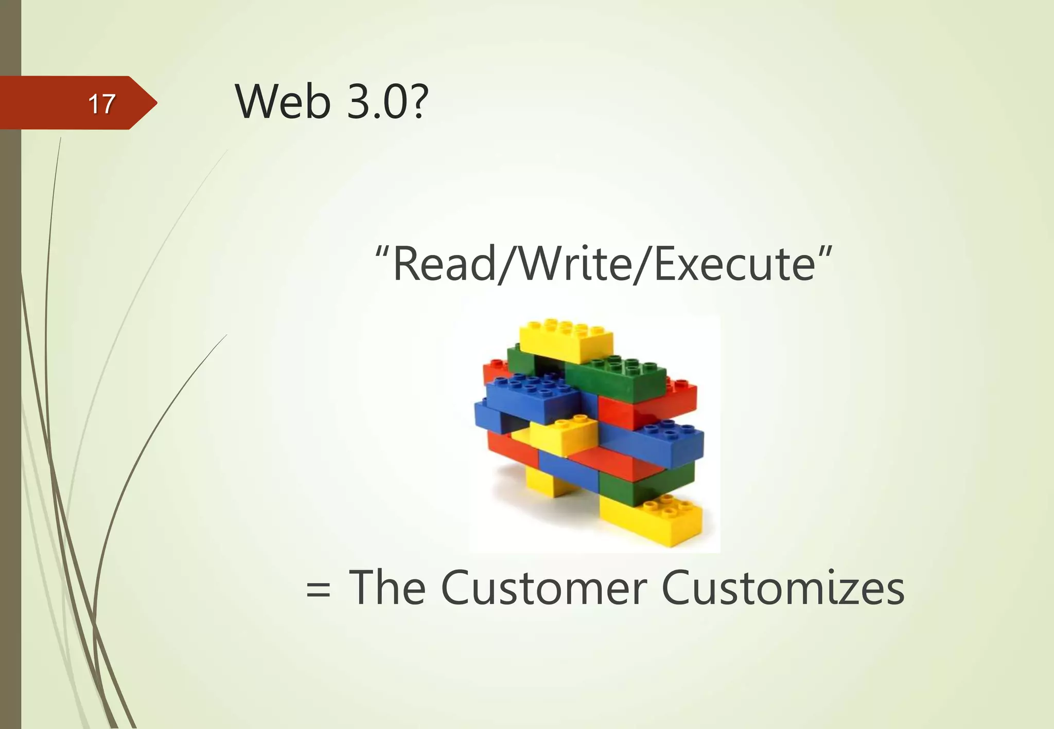 Web 3.0?
“Read/Write/Execute”
= The Customer Customizes
17
 