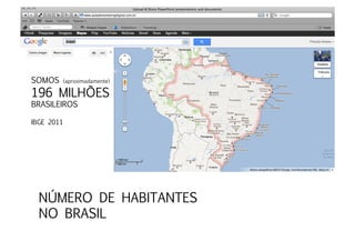 SOMOS    (aproximadamente)

196 MILHÕES 
BRASILEIROS

IBGE 2011




  NÚMERO DE HABITANTES
  NO BRASIL
 