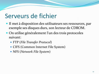 Serveurs de fichierIl met à disposition des utilisateurs ses ressources, par exemple ses disques durs, son lecteur de CDROM.On utilise généralement l'un des trois protocoles suivant:FTP (File Transfer Protocol)CIFS (Common Internet File System)NFS (Network File System)10