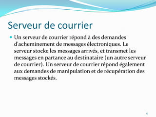 Serveur de courrierUn serveur de courrier répond à des demandes d'acheminement de messages électroniques. Le serveur stocke les messages arrivés, et transmet les messages en partance au destinataire (un autre serveur de courrier). Un serveur de courrier répond également aux demandes de manipulation et de récupération des messages stockés.13