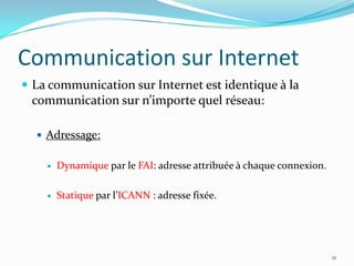 Communication sur InternetLa communication sur Internet est identique à la communication sur n’importe quel réseau:Adressage:Dynamique par le FAI: adresse attribuée à chaque connexion.Statique par l’ICANN : adresse fixée.21