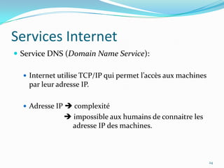 Services InternetService DNS (Domain Name Service):Internet utilise TCP/IP qui permet l’accès aux machines par leur adresse IP.Adresse IP  complexité impossible aux humains de connaitre les 		        adresse IP des machines.24