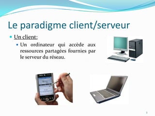 Le paradigme client/serveurUn client:Un ordinateur qui accède aux ressources partagées fournies par le serveur du réseau.3