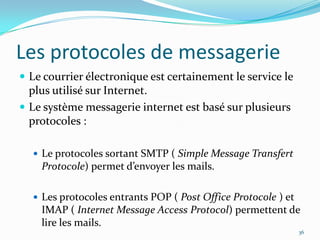 Les protocoles de messagerie Le courrier électronique est certainement le service le plus utilisé sur Internet.Le système messagerie internet est basé sur plusieurs protocoles :Le protocoles sortant SMTP ( Simple Message Transfert Protocole) permet d’envoyer les mails.Les protocoles entrants POP ( Post Office Protocole ) et IMAP ( Internet Message Access Protocol) permettent de lire les mails.36