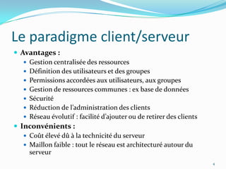 Le paradigme client/serveurAvantages :Gestion centralisée des ressourcesDéfinition des utilisateurs et des groupesPermissions accordées aux utilisateurs, aux groupesGestion de ressources communes : ex base de donnéesSécuritéRéduction de l’administration des clientsRéseau évolutif : facilité d’ajouter ou de retirer des clientsInconvénients :Coût élevé dû à la technicité du serveurMaillon faible : tout le réseau est architecturé autour du serveur4