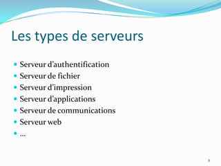 Les types de serveursServeur d’authentificationServeur de fichierServeur d’impressionServeur d’applicationsServeur de communications Serveur web…8