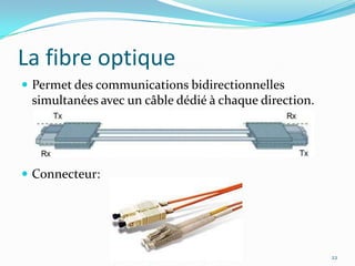 les paires torsadées16Il existe (généralement) deux types de câbles à paires torsadées : Paire torsadée non blindée (UTP : UnshieldedTwistedPair) Paire torsadée blindée (STP : ShieldedTwistedPair) 