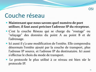 Couche réseauMaintenant que nous savons quel numéro de port utiliser, il faut aussi préciser l'adresse IP du récepteur.C'est la couche Réseau qui se charge du "routage" ou "relayage" des données du point A au point B et de l’adressage. Ici aussi il y'a une modification de l'entête. Elle comprendra désormais l'entête ajouté par la couche de transport, plus l'adresse IP source, et l'adresse IP du destinataire. Ici aussi s'effectue le choix du mode de transport. Le protocole le plus utilisé à ce niveau est bien sûr le protocole IP.15OSI