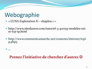 Webographie« CCNA Exploration Fr - chapitre 1 »http://www.siteduzero.com/tutoriel-3-401755-modeles-osi-et-tcp-ip.htmlhttp://www.commentcamarche.net/contents/internet/tcpip.php3…Prenez l’initiative de chercher d’autres 31