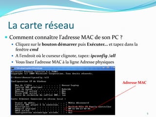 La carte réseauComment connaître l'adresse MAC de son PC ?Cliquez sur le bouton démarrer puis Exécuter... et tapez dans la fenêtre cmdA l'endroit où le curseur clignote, tapez: ipconfig /allVous lisez l'adresse MAC à la ligne Adresse physiques5Adresse MAC