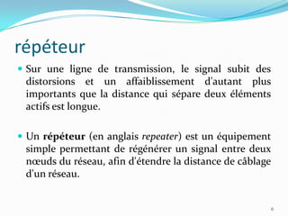 répéteurSur une ligne de transmission, le signal subit des distorsions et un affaiblissement d'autant plus importants que la distance qui sépare deux éléments actifs est longue.Un répéteur (en anglais repeater) est un équipement simple permettant de régénérer un signal entre deux nœuds du réseau, afin d'étendre la distance de câblage d'un réseau.6