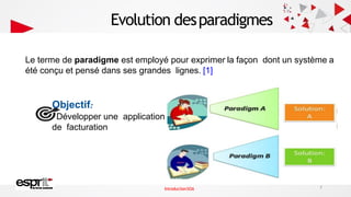 Evolution desparadigmes
Le terme de paradigme est employé pour exprimer la façon dont un système a
été conçu et pensé dans ses grandes lignes. [1]
Objectif:
Développer une application
de facturation
7
IntroductionSOA
 