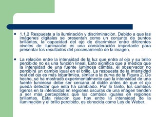 1.1.2 Respuesta a la iluminación y discriminación. Debido a que las imágenes digitales se presentan como un conjunto de puntos brillantes, la capacidad del ojo de discriminar entre diferentes niveles de iluminación es una consideración importante para presentar los resultados del procesamiento de la imagen. La relación entre la intensidad de la luz que entra al ojo y su brillo percibido no es una función lineal. Esto significa que a medida que la intensidad de una fuente luminosa cambia, el observador no percibirá un cambio igual en el brillo. La respuesta de la intensidad real del ojo es más logarítmica, similar a la curva de la Figura 2. De hecho, se ha mostrado experimentalmente que la intensidad de una fuente luminosa debe ser cercana al doble antes de que el ojo pueda detectar que esta ha cambiado. Por lo tanto, los cambios ligeros en la intensidad en regiones oscuras de una imagen tienden a ser más perceptibles que los cambios iguales en regiones brillantes. Esta relación que hay entre la intensidad de la iluminación y el brillo percibido, es conocida como Ley de Weber. 