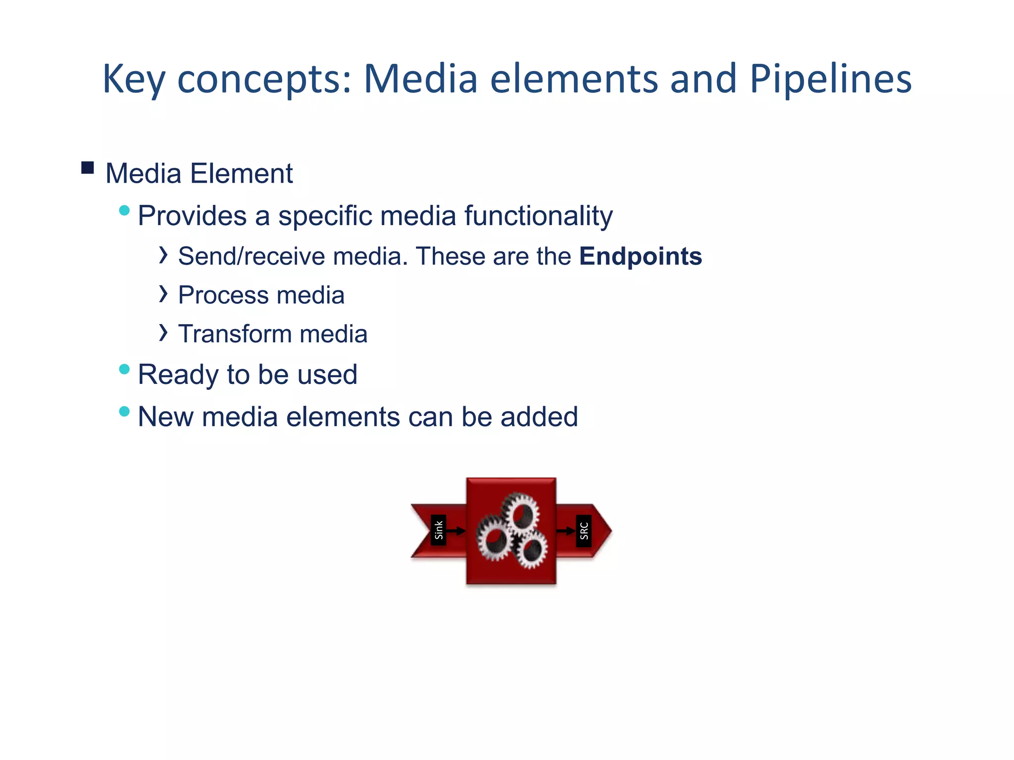 Key concepts: Media elements and Pipelines
6
Media Element
•Provides a specific media functionality
› Send/receive media. These are the Endpoints
› Process media
› Transform media
•Ready to be used
•New media elements can be added
Sink
SRC