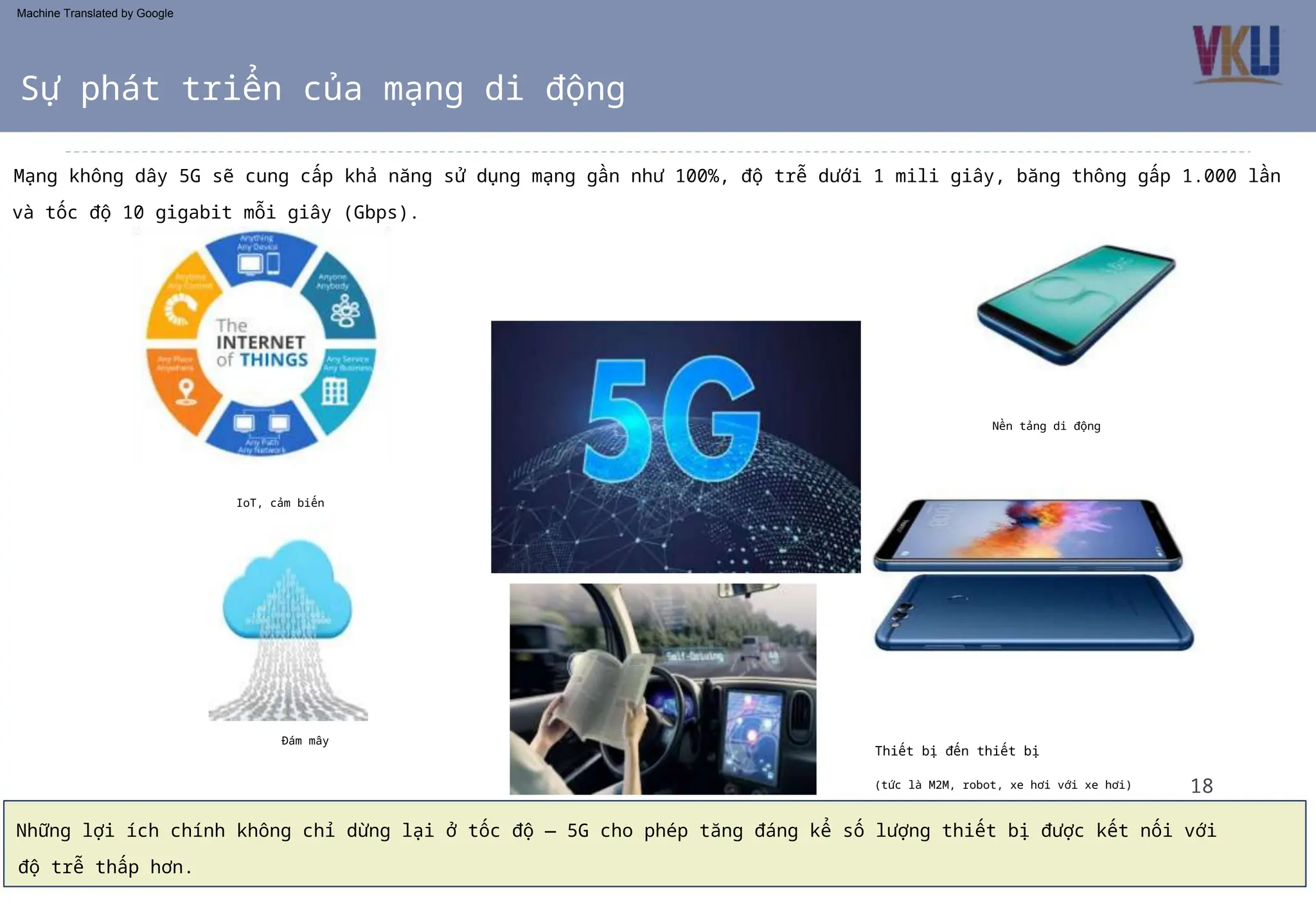 IoT, cảm biến
(tức là M2M, robot, xe hơi với xe hơi)
Đám mây
Nền tảng di động
Thiết bị đến thiết bị
Những lợi ích chính không chỉ dừng lại ở tốc độ — 5G cho phép tăng đáng kể số lượng thiết bị được kết nối với
độ trễ thấp hơn.
Mạng không dây 5G sẽ cung cấp khả năng sử dụng mạng gần như 100%, độ trễ dưới 1 mili giây, băng thông gấp 1.000 lần
và tốc độ 10 gigabit mỗi giây (Gbps).
Sự phát triển của mạng di động
18
Machine Translated by Google
 