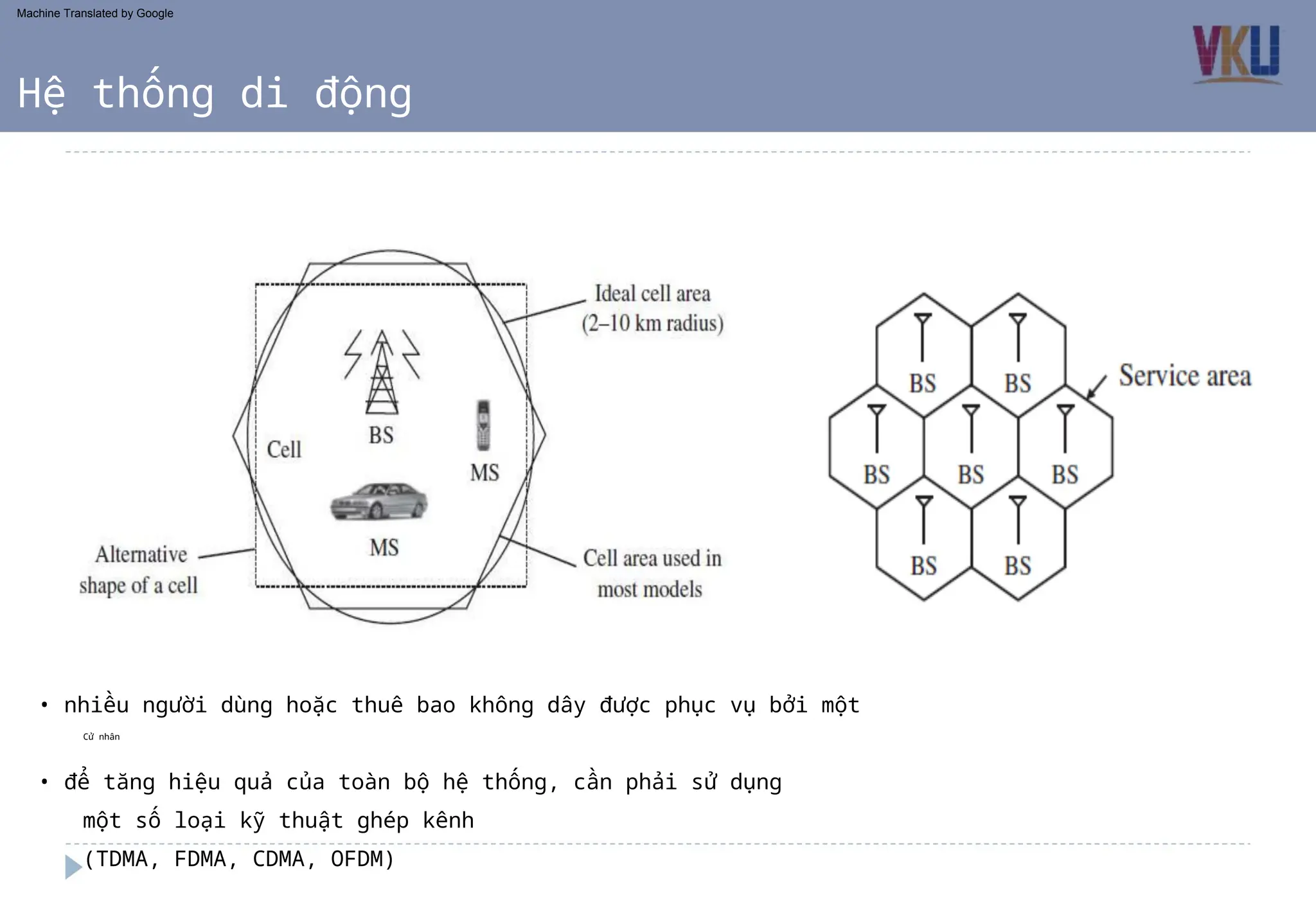 • để tăng hiệu quả của toàn bộ hệ thống, cần phải sử dụng
một số loại kỹ thuật ghép kênh
• nhiều người dùng hoặc thuê bao không dây được phục vụ bởi một
(TDMA, FDMA, CDMA, OFDM)
Hệ thống di động
Cử nhân
Machine Translated by Google
 