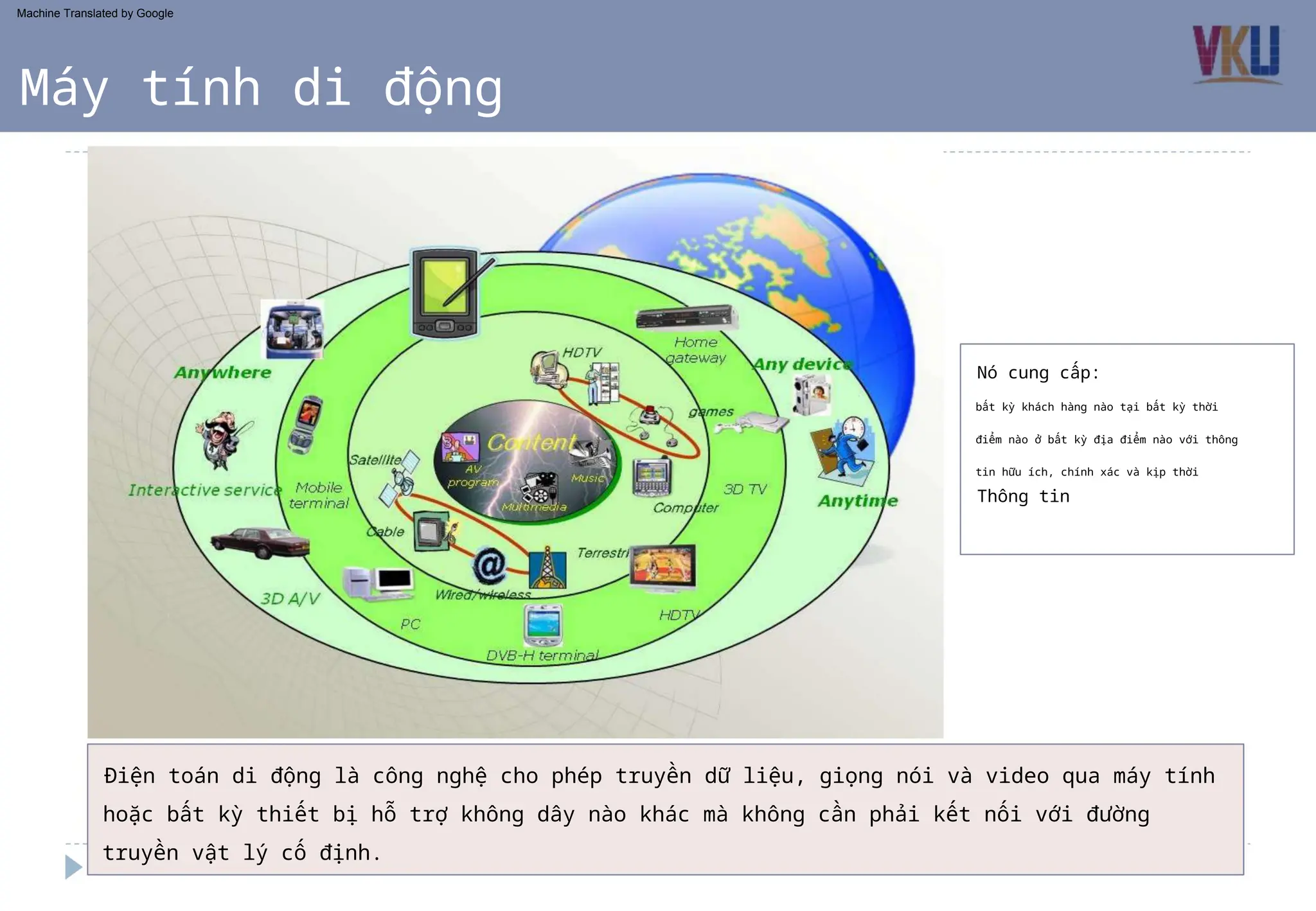 bất kỳ khách hàng nào tại bất kỳ thời
điểm nào ở bất kỳ địa điểm nào với thông
tin hữu ích, chính xác và kịp thời
Nó cung cấp:
Thông tin
Máy tính di động
Điện toán di động là công nghệ cho phép truyền dữ liệu, giọng nói và video qua máy tính
hoặc bất kỳ thiết bị hỗ trợ không dây nào khác mà không cần phải kết nối với đường
truyền vật lý cố định.
Machine Translated by Google
 