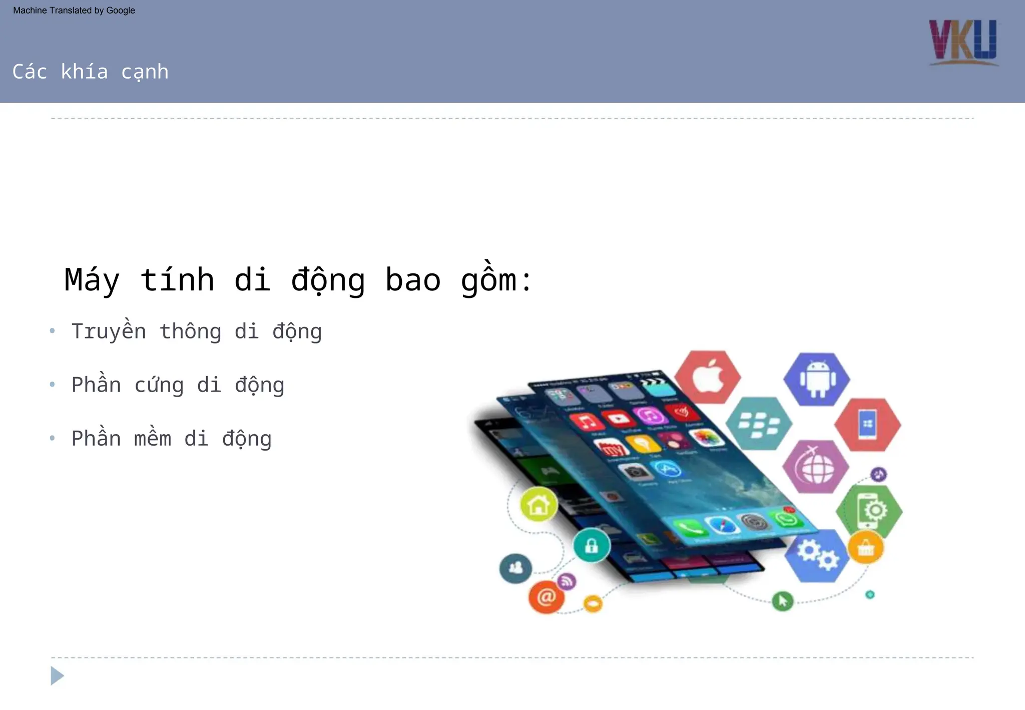 • Truyền thông di động
• Phần mềm di động
• Phần cứng di động
Máy tính di động bao gồm:
Các khía cạnh
Machine Translated by Google
 