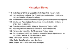 6
Historical Notes
1943 McCulloch and Pitts proposed the McCulloch-Pitts neuron model
1949 Hebb published his book The Organization of Behaviour, in which the
Hebbian learning rule was introduced
1958 Rosenblatt introduced the simple single layer networks called Perceptrons
1969 Minsky and Papert’s book Perceptrons demonstrated the limitation of
single layer perceptrons
1980 Grossberg introduced his Adaptive Resonance Theory (ART)
1982 Hopfield published a series of papers on Hopfield networks
1982 Kohonen developed the Self-Organizing Feature Maps
1986 Back-propagation learning algorithm for multi-layer perceptrons was re-
discovered, and the whole field took off again
1990s ART-variant networks were developed
1990s Radial Basis Functions were developed
2000s Support Vector Machines were developed
 