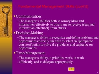 Communication The manager’s abilities both to convey ideas and information effectively to others and to receive ideas and information effectively from others. Decision-Making The manager’s ability to recognize and define problems and opportunities correctly and then to select an appropriate course of action to solve the problems and capitalize on opportunities. Time-Management The manager’s ability to prioritize work, to work efficiently, and to delegate appropriately. Fundamental Management Skills (cont’d) 