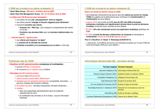 Introduction à lʼinformatique décisionnelle - Bernard ESPINASSE - 13
• Selon Meta Group : DW seul = 15 billion de $ en 2000
• Selon Palo Alto Management Group : BI = $ 113 billion de $ en 2002
• Le Web rend lʼID/ BI encore plus nécessaire :
! Les clients ne sont pas «physiquement» dans le magasin
! Les clients peuvent changer à d'autres magasins plus facilement
! Comment connaître ses clients :
• Analyser les « Web log » pour analyser le comportement des clients
sur le site
• Combiner ces données Web avec les données traditionnelles des
clients
• « Internet sans fil » ajoute à cela :
! Les clients sont toujours "en ligne"
! La position de la clientèle est connue
! Combiner la position et la connaissance sur le client => très utile
Introduction à lʼinformatique décisionnelle - Bernard ESPINASSE - 14
Selon une étude du Gartner Group en 2009 :
• Les entreprises rechercheront de plus en plus des cadres qui auront en charge
lʼID/BI et la gestion de la performance pour contribuer à la transformation et
lʼamélioration de leurs affaires
• Jusqu'en 2012, par dʼoutils de ID/BI plus de 35% des 5000 principales
entreprises mondiales ont régulièrement échoué dans la prise de décisions
cruciales concernant leurs marchés et leurs affaires
• En 2010, 20% des entreprises auront une application analytique spécifique de
ID/BI
• En 2009, la prise de décision collaborative va s'imposer et nécessiter la
combinaison dʼoutils de ID/BI et de logiciels sociaux
Pour S. Chaudhuri, U. Dayal, V. Narasayya [CACM 2011]:
• « Aujourd'hui, il est difficile de trouver une entreprise prospère qui n'a pas dʼeffet de
levier technologie ID/BI pour leurs affaires »
Introduction à lʼinformatique décisionnelle - Bernard ESPINASSE - 15
• Modèles de BD opérationnelles complexes et inutilisables :
! souvent difficiles à comprendre
! ne concerne pas un objectif unique dʼaffaire
• Données des BD opérationnelles :
! identiques dans différentes BD
! même concept souvent défini différemment
! adaptées pour les systèmes opérationnels (comptabilité, facturation, …),
pas pour l'analyse des fonctions d'affaires
! de qualité mauvaise : données manquantes, données imprécises, …
! volatiles :
• elles sont supprimées périodiquement dans les systèmes
opérationnels (6 mois)
• la modification des données au fil du temps - aucune information
historique
Introduction à lʼinformatique décisionnelle - Bernard ESPINASSE - 16
Termes anglais Termes français
Business Intelligence (BI) Informatique Décisionnelle (ID)
Decision Support Systems (DSS) Systèmes dʼaide à la décision (SIAD)
Competitive Intelligence (CI) Intelligence Economique (IE)
Data Warehouse (DW) Entrepôt de données (ED)
On-Line Analytical Processing (OLAP) Analyse en ligne de données
Knowledge Discovery in databases (KDD) Extraction de Connaissances dans les
données
Data Mining (DM) fouille de données, orpaillage
Customer Relationship Management (CRM) Gestion de la Relation Client
 