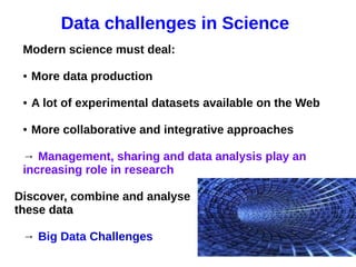 11 avril 2013
Pascal Neveu 5
Data challenges in Science
Modern science must deal:
● More data production
● A lot of experimental datasets available on the Web
● More collaborative and integrative approaches
→ Management, sharing and data analysis play an
increasing role in research
Discover, combine and analyse
these data
→ Big Data Challenges
 