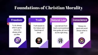 Natural Law
Truth
Freedom Conscience
To do always
what is good,
not to do
always what
you llike
Law derived from
God’s commandment
that guides all men to
do the right thing
Truth based on
the Values and
Teachings of
Jesus
“Always do
good and avoid
always what is
evil”
Foundations of Christian Morality
 