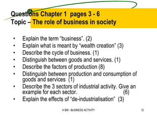 Questions Chapter 1  pages 3 - 6  Topic – The role of business in society ,[object Object],[object Object],[object Object],[object Object],[object Object],[object Object],[object Object],[object Object]