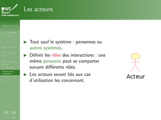 UML & DCU
M. Sassolas
M3105
Cours 1
Administratif
OMG ! UML,
WTF ?
Diagrammes
de cas
d’utilisation
Acteurs et cas
d’utilisation
Structurer les DCU
Un exemple
15 / 51
Les acteurs
I Tout sauf le système : personnes ou
autres systèmes.
I Définit les rôles des interactions : une
même personne peut se comporter
suivant différents rôles.
I Les acteurs seront liés aux cas
d’utilisation les concernant.
 