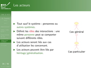 UML & DCU
M. Sassolas
M3105
Cours 1
Administratif
OMG ! UML,
WTF ?
Diagrammes
de cas
d’utilisation
Acteurs et cas
d’utilisation
Structurer les DCU
Un exemple
15 / 51
Les acteurs
I Tout sauf le système : personnes ou
autres systèmes.
I Définit les rôles des interactions : une
même personne peut se comporter
suivant différents rôles.
I Les acteurs seront liés aux cas
d’utilisation les concernant.
I Les acteurs peuvent être liés par
héritage/généralisation.
 