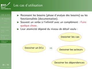UML & DCU
M. Sassolas
M3105
Cours 1
Administratif
OMG ! UML,
WTF ?
Diagrammes
de cas
d’utilisation
Acteurs et cas
d’utilisation
Structurer les DCU
Un exemple
16 / 51
Les cas d’utilisation
I Recensent les besoins (phase d’analyse des besoins) ou les
fonctionnalités (documentation).
I Souvent un verbe à l’infinitif avec un complément : Faire
quelque chose.
I Leur atomicité dépend du niveau de détail voulu :
vs
 