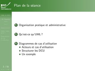 UML & DCU
M. Sassolas
M3105
Cours 1
Administratif
OMG ! UML,
WTF ?
Diagrammes
de cas
d’utilisation
2 / 51
Plan de la séance
1 Organisation pratique et administrative
2 Qu’est-ce qu’UML ?
3 Diagrammes de cas d’utilisation
Acteurs et cas d’utilisation
Structurer les DCU
Un exemple
 