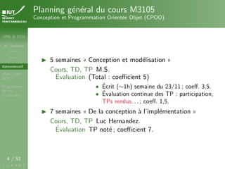 UML & DCU
M. Sassolas
M3105
Cours 1
Administratif
OMG ! UML,
WTF ?
Diagrammes
de cas
d’utilisation
4 / 51
Planning général du cours M3105
Conception et Programmation Orientée Objet (CPOO)
I 5 semaines « Conception et modélisation »
Cours, TD, TP M.S.
Évaluation (Total : coefficient 5)
• Écrit (∼1h) semaine du 23/11 ; coeff. 3,5.
• Évaluation continue des TP : participation,
TPs rendus. . . ; coeff. 1,5.
I 7 semaines « De la conception à l’implémentation »
Cours, TD, TP Luc Hernandez.
Évaluation TP noté ; coefficient 7.
 